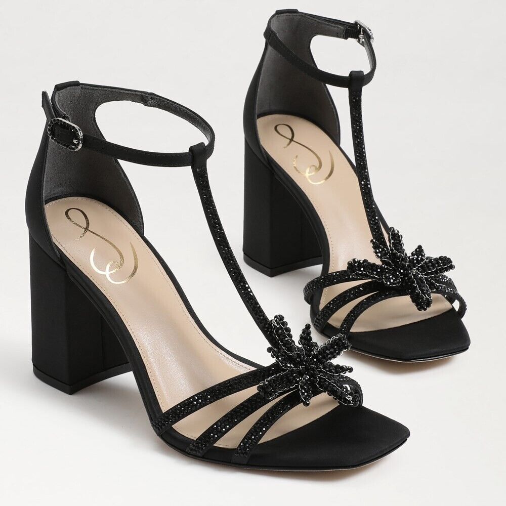 Sam Edelman Donnie Block Heeled Sandals Black Size 8.5 M Rhinestone Embe…